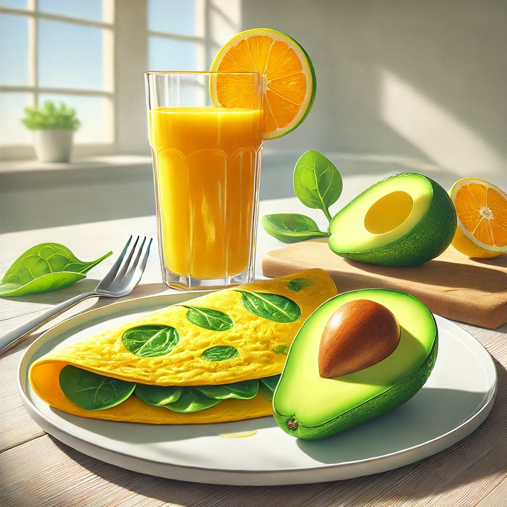 Desayuno : Omelette de espinacas con aguacate y jugo de naranja